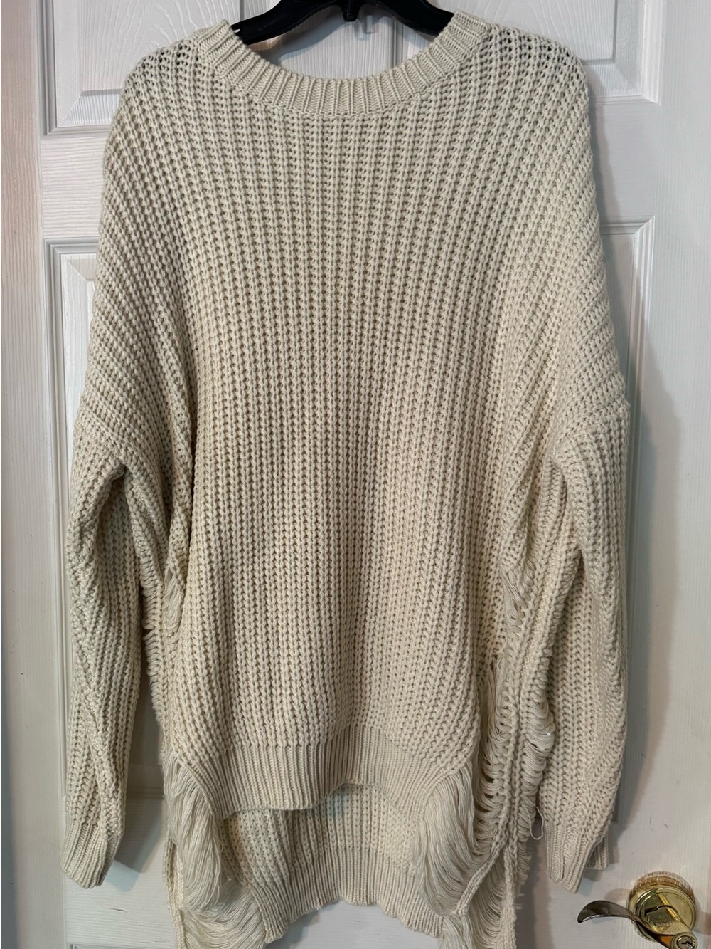 Women's Cream Chunky Knit Sweater with Fringe Detail | Size L